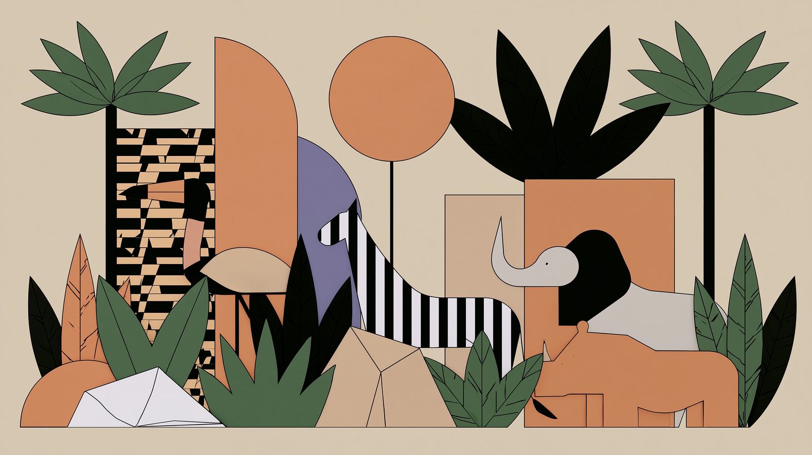Cut paper jungle in sand, terracotta and forest green, forms lapping on a baseline.