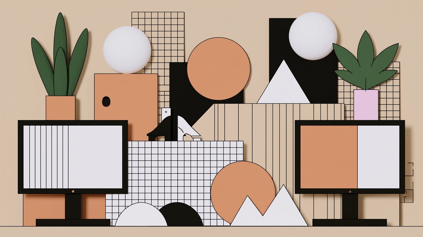 Flat cut shapes with soft spherical shading and shallow cast shadows.