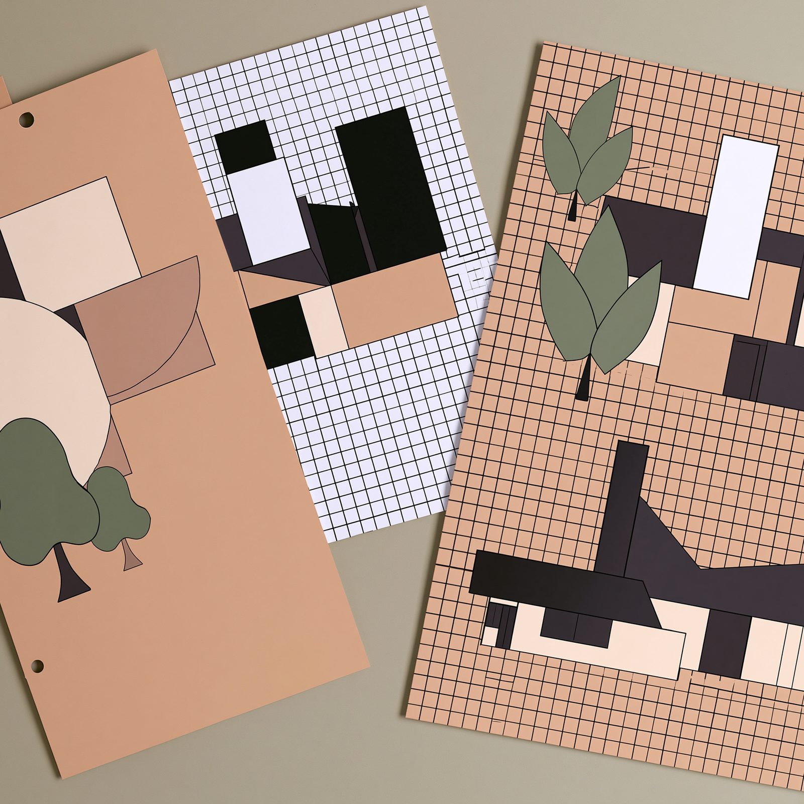 Overlapping panels carrying a fine printed grid, cropped by the edge of each sheet.
