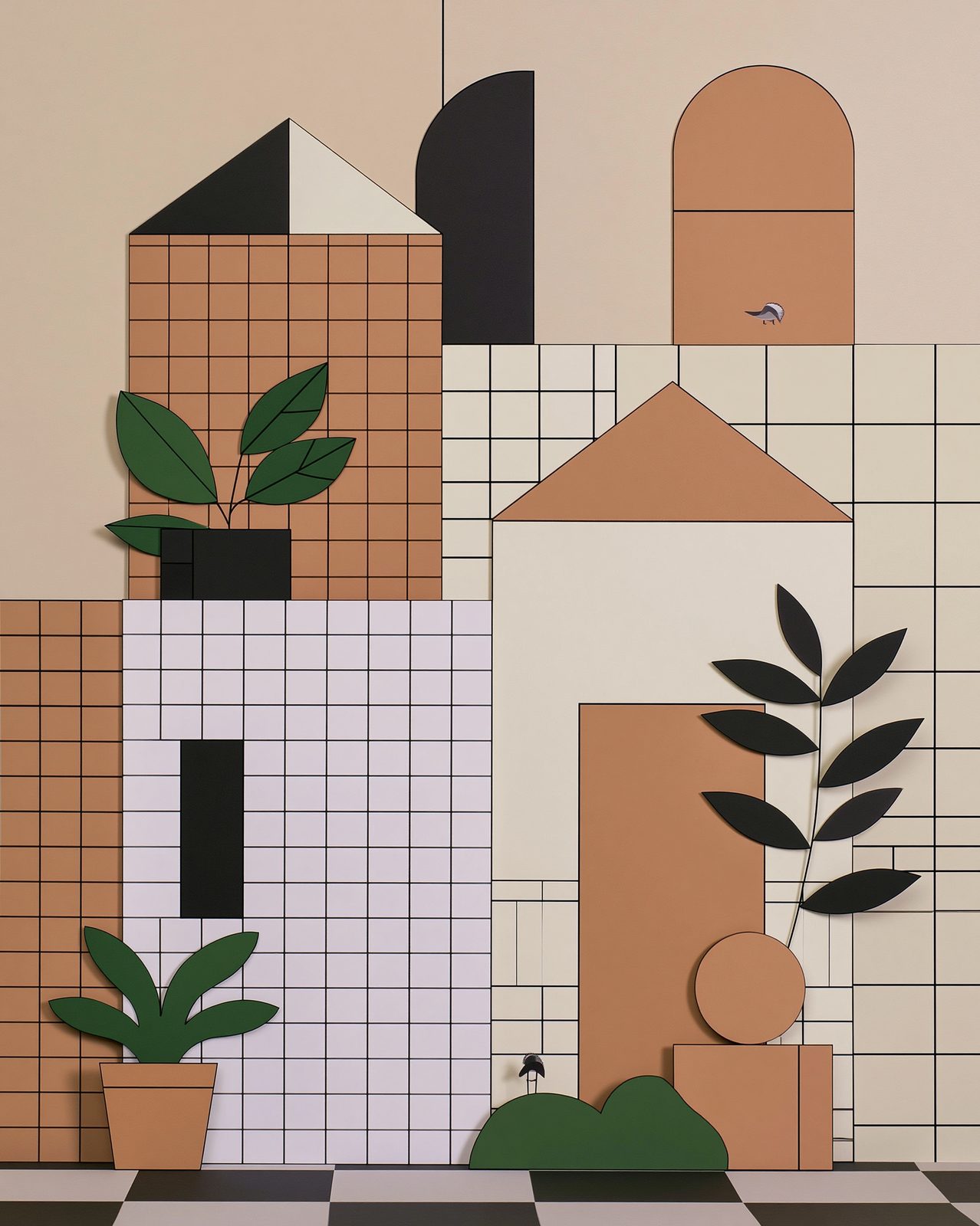 A cut paper facade of arches, gables and fluted columns in clay and bone.