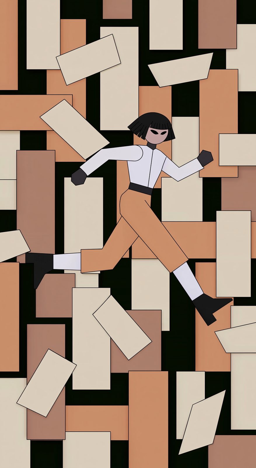 A figure assembled from cut rectangles and discs against a field of loose paper strips.