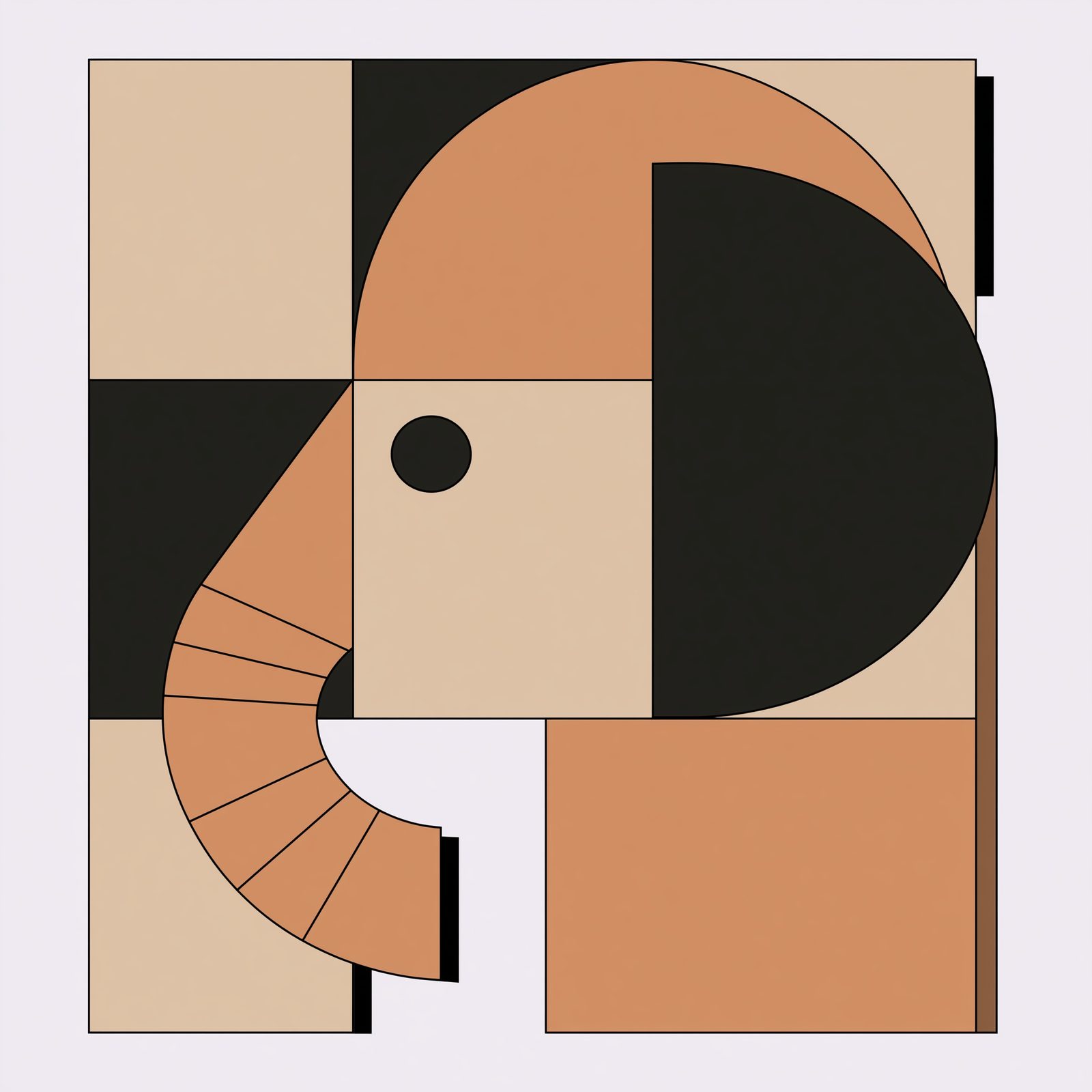 An elephant reduced to a disc, an arch and two blocks in terracotta and black.